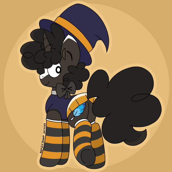 Size: 4000x4000 | Tagged: safe, artist:nordicgoat, derpibooru import, oc, oc:blue feather, unofficial characters only, unicorn, blushing, bow, butt, clothes, coat markings, crossdressing, halloween, hat, holiday, horn, image, male, png, raised hoof, shirt, skirt, socks, solo, striped socks, underhoof, witch hat