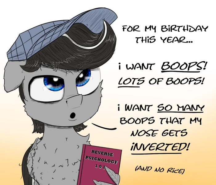 Size: 1450x1241 | Tagged: safe, artist:chopsticks, derpibooru import, oc, oc:chopsticks, unofficial characters only, pegasus, pony, book, boop, cheek fluff, chest fluff, dialogue, gradient background, hat, image, male, pegasus oc, png, reverse psychology, sketch, solo, talking to viewer, text, that pony sure does hate boops, wing hold, wings