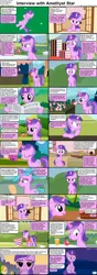 Size: 1282x3661 | Tagged: safe, artist:agrol, derpibooru import, edit, screencap, amethyst star, pony, unicorn, comic:celestia's servant interview, g4, a day in ponyville, another day in ponyville, apple, awwmethyst star, basket, belly, book, box, buckball, buckball uniform, buckbasket, bushel basket, cake, caption, cardboard box, cart, clothes, concerned, concerned pony, content, cookie, cs captions, cuddling, descriptive noise, eating, embarrassed, evening, eyes closed, female, flower, foal free press, food, grass, grass field, grin, happy, head on hoof, head tilt, horn, image, image macro, interview, levitation, looking at you, lying down, magic, magic aura, mare, market stall, mirror, newspaper, night, on back, onomatopoeia, open window, outdoors, picture frame, pile of books, plate, plushie, png, ponyville, present, puffy cheeks, punk, raised hoof, reading, sandwich, scarf, screenshots, sitting, smiling, smiling at you, sniffing, softdrink, solo, stall, straw, teddy bear, telekinesis, text, tired, tongue out, turnip, vase, window