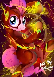 Size: 1748x2480 | Tagged: safe, artist:kumikoponylk, derpibooru import, pinkie pie, earth pony, pony, g4, 2017, crossover, dc comics, female, image, jpeg, lightning, looking at you, mare, old art, smiling, smiling at you, solo, the flash