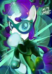 Size: 1748x2480 | Tagged: safe, artist:kumikoponylk, derpibooru import, rarity, pony, unicorn, g4, 2017, abstract background, clothes, costume, dc comics, female, glow, glowing horn, green lantern, horn, image, jpeg, looking at you, mare, old art, solo