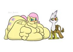 Size: 1754x1240 | Tagged: safe, artist:bun_burst, derpibooru import, fluttershy, gilda, gryphon, pegasus, pony, g4, bbw, belly on floor, bingo wings, blush lines, blushing, chubby cheeks, fat, fattershy, female, flabby chest, image, immobile, implied lesbian, implied vore, lesbian, licking, licking lips, morbidly obese, near immobile, neck roll, obese, png, ship:gildashy, shipping, simple background, ssbbw, tongue out