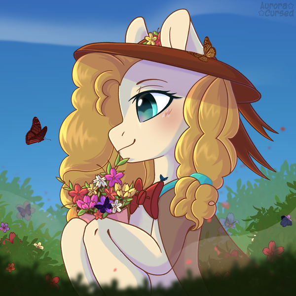 Size: 2000x2000 | Tagged: safe, artist:amitadust, artist:auroracursed, derpibooru import, pear butter, butterfly, earth pony, insect, pony, g4, blushing, bouquet, cottagecore, female, flower, grass, hat, high res, image, mare, outdoors, png, solo, sun hat