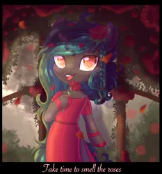 Size: 1854x1990 | Tagged: safe, artist:amitadust, artist:auroracursed, derpibooru import, oc, oc:damask rose, unofficial characters only, semi-anthro, unicorn, arm hooves, bipedal, commission, flower, garden, horn, image, looking at you, open mouth, open smile, png, rose, smiling, smiling at you, solo, ych result