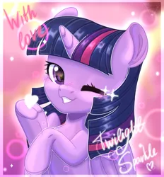 Size: 1667x1800 | Tagged: safe, artist:amitadust, artist:auroracursed, derpibooru import, twilight sparkle, twilight sparkle (alicorn), alicorn, pony, g4, blushing, female, frog (hoof), heart, image, looking at you, mare, one eye closed, png, smiling, smiling at you, solo, underhoof, wings, wink, winking at you