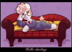 Size: 1800x1312 | Tagged: safe, artist:amitadust, artist:auroracursed, derpibooru import, svengallop, earth pony, pony, g4, bedroom eyes, clothes, couch, glasses, hoof on head, image, looking at you, lying down, male, necktie, png, reclining, smiling, smiling at you, solo, stallion, stupid sexy svengallop, sultry pose