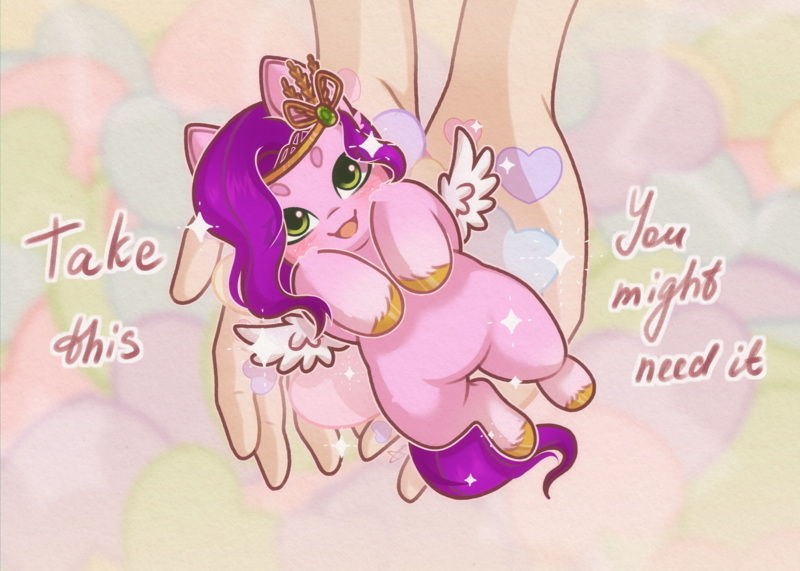 Size: 3500x2500 | Tagged: safe, artist:amitadust, artist:auroracursed, derpibooru import, pipp, pipp petals, pegasus, pony, g5, adorapipp, cute, diadem, female, hand, happy, heart, high res, hnnng, image, it's dangerous to go alone, jewelry, looking at you, mare, open mouth, open smile, pipp is short, pipp is smol, png, regalia, smiling, smol, sparkles, spread wings, take this, unshorn fetlocks, weapons-grade cute, wings