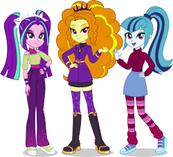 Size: 4409x4000 | Tagged: safe, artist:limedazzle, derpibooru import, adagio dazzle, aria blaze, sonata dusk, equestria girls, g4, belt, boots, clothes, coat, denim, eyeshadow, female, hairband, high heel boots, image, jeans, jewelry, leg warmers, makeup, necklace, open mouth, pants, png, shirt, shoes, simple background, skirt, sneakers, socks, striped socks, sweater, tanktop, the dazzlings, transparent background, trio, trio female, wristband