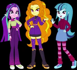 Size: 750x683 | Tagged: safe, alternate version, artist:limedazzle, derpibooru import, adagio dazzle, aria blaze, sonata dusk, equestria girls, g4, alternate hairstyle, belt, black background, boots, clothes, coat, denim, eyeshadow, female, hairband, high heel boots, image, jeans, jewelry, jpeg, leg warmers, makeup, necklace, open mouth, pants, shirt, shoes, simple background, skirt, sneakers, socks, striped socks, sweater, tanktop, the dazzlings, trio, trio female, wristband