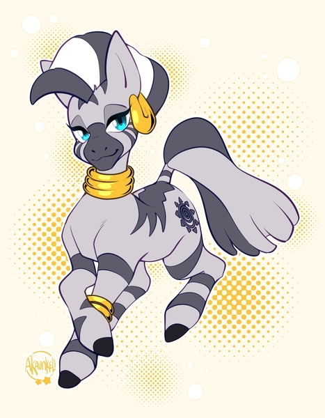 Size: 1400x1800 | Tagged: safe, artist:akaunkel, derpibooru import, zecora, zebra, g4, abstract background, crossed hooves, female, image, jpeg, lidded eyes, looking at you, signature, smiling, smiling at you, solo