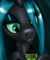 Size: 3334x4000 | Tagged: safe, artist:anonymousandrei, derpibooru import, queen chrysalis, changeling, changeling queen, g4, bottle, derpibooru exclusive, drink, drool, female, green tongue, image, jpeg, lidded eyes, lips, salivating