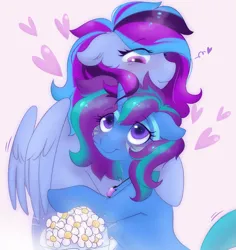 Size: 1091x1158 | Tagged: safe, artist:sparjechkaa, derpibooru import, oc, unofficial characters only, pegasus, g4, blue coat, bouquet, commission, couple, female, flower, hug, image, lesbian, looking at each other, looking at someone, pink background, png, purple mane, romantic, simple background, smiling, smiling at each other, ych result