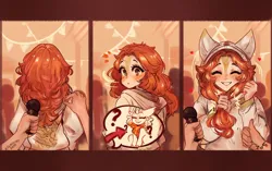 Size: 3579x2248 | Tagged: safe, artist:polnocnykot, derpibooru import, autumn blaze, human, kirin, g4, 3 panel comic, clothes, comic, convention, cosplay, costume, cute, digital art, ears up, emanata, eyes closed, female, festival, front view, funny, hand gesture, heart, hoodie, humanized, image, interview, jpeg, long hair, looking at you, looking back, looking back at you, microphone, motion lines, offscreen character, offscreen human, open mouth, open smile, question mark, rear view, red hair, shocked, smiling, smiling at you, speech bubble, surprised, teeth