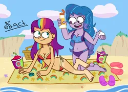 Size: 2048x1477 | Tagged: safe, artist:garybaldor, derpibooru import, izzy moonbow, sunny starscout, human, starfish, equestria girls, g4, g5, barefoot, basket, beach, beach towel, belly button, bikini, blue bikini, breasts, cleavage, cliff, clothes, cloud, cup, cute, drink, drinking straw, equestria girls-ified, eyebrows visible through hair, feet, flip-flops, g5 to equestria girls, g5 to g4, generation leap, hair tie, happy, image, jpeg, kneeling, looking at each other, looking at someone, loose hair, lying down, mane stripe sunny, maretime bay, nest, open smile, outdoors, picnic basket, pointy nose, red bikini, sand, sandals, seashell, side-tie bikini, signature, sky, smiling, smoothie, string bikini, sunscreen, swimsuit, tan lines, tankini, towel, water