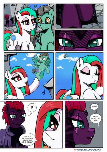 Size: 2480x3508 | Tagged: safe, artist:dsana, derpibooru import, fizzlepop berrytwist, tempest shadow, oc, oc:spiegel, earth pony, pegasus, pony, unicorn, comic:a storm's lullaby, g4, female, horn, image, male, mare, png, stallion