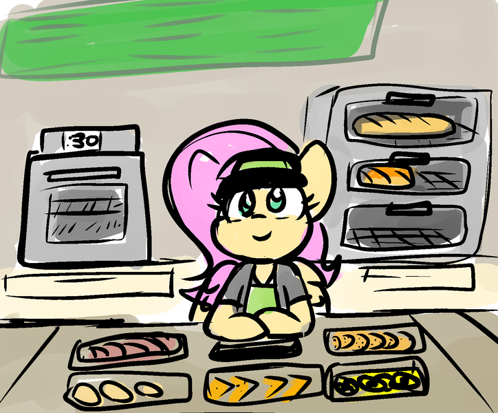 Size: 1566x1297 | Tagged: safe, artist:zutcha, derpibooru import, fluttershy, pegasus, pony, g4, bakery, bread, clothes, food, image, oven, png, solo