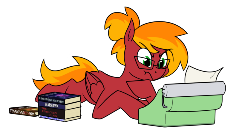 Size: 1288x703 | Tagged: safe, artist:moonatik, derpibooru import, oc, oc:moonatik, unofficial characters only, pegasus, pony, book, fanfic art, glasses, hair bun, hoof on chin, image, male, pegasus oc, png, simple background, solo, stallion, transparent background, typewriter, wings