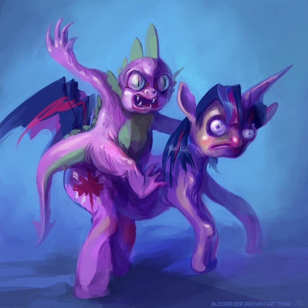 Size: 1000x1000 | Tagged: semi-grimdark, artist:bloodrizer, derpibooru import, spike, twilight sparkle, dragon, pony, unicorn, g4, female, horn, image, jpeg, male, mare, nightmare fuel, riding, riding a pony, unicorn twilight, wat