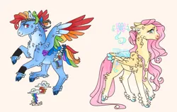 Size: 2895x1832 | Tagged: safe, artist:ashmatashs, derpibooru import, fluttershy, rainbow dash, flutter pony, hybrid, pegasus, pony, g4, alternate design, alternate hairstyle, bandana, blushing, chest fluff, cloven hooves, coat markings, colored ear fluff, colored eyebrows, colored hooves, colored muzzle, colored wings, duo, ear fluff, facial markings, feathered fetlocks, feathered hock, female, floppy ears, flying, folded wings, hooves, hybrid wings, image, looking back, mare, mealy mouth (coat marking), multicolored wings, pale belly, png, rainbow wings, simple background, socks (coat marking), species swap, spread wings, tail, tail feathers, transparent wings, twitterina design, walking, white background, wings