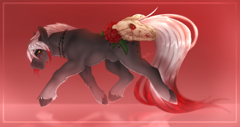 Size: 2500x1327 | Tagged: semi-grimdark, artist:charlotte38, derpibooru import, oc, unofficial characters only, pony, barbed wire, blood, crying, image, male, nudity, png, sheath, skull, solo, stallion, tears of blood