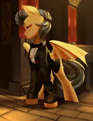 Size: 2248x2914 | Tagged: safe, artist:theprince, derpibooru import, oc, unofficial characters only, bat pony, pony, bat pony oc, bat wings, clothes, image, indoors, partially open wings, png, solo, suit, wings