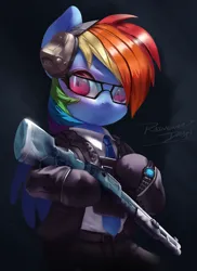 Size: 2351x3235 | Tagged: safe, artist:theprince, derpibooru import, rainbow dash, pegasus, pony, g4, bipedal, clothes, cosplay, costume, crossover, female, glasses, gloves, gun, headphones, image, mare, necktie, pants, png, rainbow six, rainbow six siege, shirt, shotgun, solo, suit, warden, watch, weapon, wristwatch