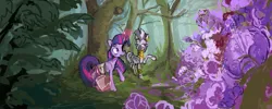 Size: 2920x1168 | Tagged: safe, artist:megalura, derpibooru import, twilight sparkle, zecora, pony, unicorn, zebra, g4, bag, duo, everfree forest, female, flower, forest, glow, glowing horn, horn, image, levitation, magic, mare, nature, outdoors, parchment, png, quill, saddle bag, telekinesis, tree, unicorn twilight