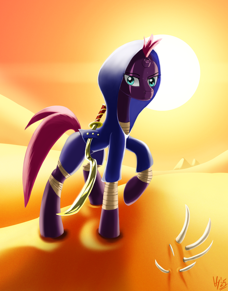 Size: 1940x2480 | Tagged: safe, artist:jphyperx, derpibooru import, tempest shadow, pony, unicorn, g4, assassin, assassin's creed, bone, clothes, desert, hoodie, horn, image, png, sand, somnambula (location), sun, sweat, sword, weapon