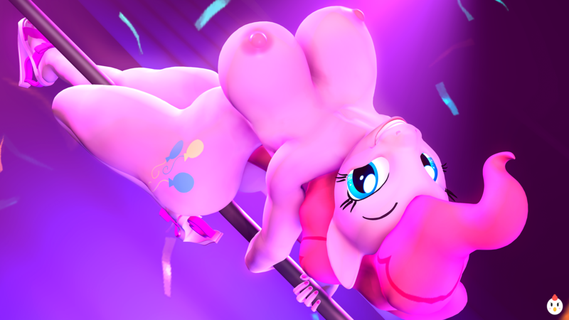 Size: 3840x2160 | Tagged: questionable, artist:hentype, artist:hentypep, derpibooru import, pinkie pie, anthro, earth pony, g4, 3d, ass, balloonbutt, big breasts, bimbo, breasts, busty pinkie pie, butt, clothes, confetti, feet, female, high heels, image, looking at you, nipples, nudity, open-toed shoes, png, pole, pole dancing, sexy, sfm pony, shoes, shoes only, solo, solo female, source filmmaker, stripper pole, stupid sexy pinkie, toes, upside down, wedge heel