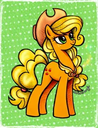 Size: 2277x2963 | Tagged: safe, artist:dariarchangel, derpibooru import, applejack, earth pony, pony, g4, alternate hairstyle, alternate tailstyle, applejack's hat, blonde, blonde hair, blonde mane, blonde tail, braid, cowboy hat, cute, element of harmony, element of honesty, eyebrows, eyebrows visible through hair, female, freckles, green eyes, hat, image, jackabetes, jewelry, jpeg, lidded eyes, looking up, mane tie, mare, necklace, orange coat, passepartout, patterned background, pretty, smiling, solo, standing, stetson, tail, tail tie, tied hair, tied mane, tied tail, traditional art