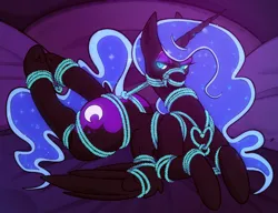 Size: 950x731 | Tagged: suggestive, artist:twoshoesmcgee, derpibooru import, nightmare moon, alicorn, g4, bedroom, bedroom eyes, bondage, bound wings, female, frog (hoof), image, lying down, png, prone, rope, rope bondage, shibari, solo, solo female, tied up, underhoof, wings