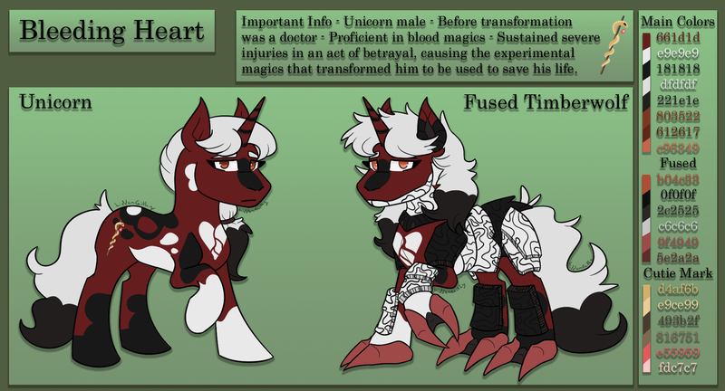 Size: 1841x994 | Tagged: safe, artist:hiddenfaithy, derpibooru import, oc, oc:bleeding heart, unofficial characters only, hybrid, original species, timber pony, timber wolf, unicorn, before and after, commission, full body, fusion, horn, image, png, raised hoof, reference sheet, species swap