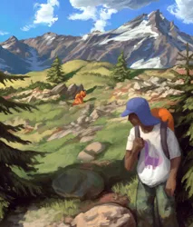 Size: 2000x2348 | Tagged: safe, artist:redruin01, derpibooru import, oc, unofficial characters only, human, pegasus, pony, fanfic:reset the clock, cloud, commission, day, fanfic art, forest, hiking, image, mountain, nature, png, rock, scenery, scenery porn, tree