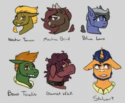 Size: 1472x1211 | Tagged: safe, artist:hiddenfaithy, derpibooru import, oc, oc:blue lace, oc:brass tacks, oc:garnet wick, oc:mocha bird, oc:nectar yawn, oc:stalwart, unofficial characters only, earth pony, pegasus, unicorn, fallout equestria, bust, colored, fallout equestria: uncertain ties, fanfic art, flat colors, horn, image, png, simple background