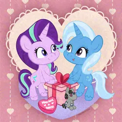 Size: 3494x3480 | Tagged: safe, artist:amynewblue, derpibooru import, smarty pants, starlight glimmer, trixie, pony, unicorn, g4, bipedal, bipedal leaning, duo, female, heart, hearts and hooves day, holiday, horn, image, leaning, lesbian, love, mare, png, present, shipping, startrix, unshorn fetlocks, valentine, valentine's day