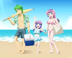 Size: 1200x975 | Tagged: safe, artist:riouku, derpibooru import, princess flurry heart, spike, sweetie belle, human, g4, beach, bikini, clothes, commission, commissioner:vatobot17, female, humanized, image, male, ocean, older, older flurry heart, older spike, older sweetie belle, png, sand, shipping, spikebelle, straight, swimsuit, uncle spike, water