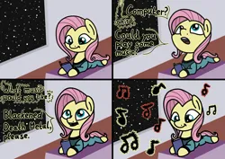 Size: 2048x1448 | Tagged: safe, artist:ewoudcponies, derpibooru import, fluttershy, pegasus, pony, g4, 4 panel comic, book, clothes, comic, death metal, dialogue, female, image, looking up, lying down, mare, metalshy, music notes, open mouth, png, prone, reading, solo, space, spaceship, sploot, uniform