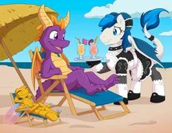 Size: 1280x990 | Tagged: safe, artist:chaoskomori, derpibooru import, oc, oc:feathertrap, dracony, dragon, dragonfly, hybrid, insect, apron, arm behind head, beach, beach chair, blush lines, blushing, chair, choker, clothes, commission, crossdressing, crossover, dracony oc, dress, drink, eyes closed, image, jpeg, looking at each other, looking at someone, maid, male, open mouth, open smile, parasol (umbrella), relaxing, shoes, smiling, socks, sparx the dragonfly, spyro the dragon, spyro the dragon (series), tray, trio, trio male