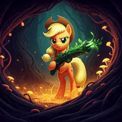 Size: 1024x1024 | Tagged: safe, ai content, generator:google imagen 3.0, machine learning generated, nightcafe ai, applejack, gun, image, jpeg, mage, plant, weapon