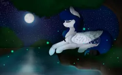 Size: 2000x1242 | Tagged: safe, artist:dorry, derpibooru import, oc, unofficial characters only, pegasus, pony, eyes closed, female, female oc, folded wings, full moon, image, jpeg, lying down, mare oc, moon, night, old art, outdoors, pegasus oc, prone, river, side view, signature, solo, stars, water, wings