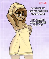 Size: 750x900 | Tagged: suggestive, artist:stunnerpone, derpibooru import, oc, oc:georgia lockheart, unofficial characters only, anthro, anthro oc, armpit fetish, armpits, bipedal, breasts, camera shot, fetish, image, png, recording, solo, towel