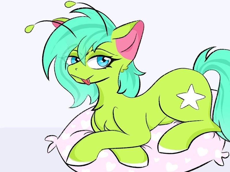 Size: 1024x768 | Tagged: safe, derpibooru import, oc, oc:starzie, unofficial characters only, alien, alien pony, female, gift art, image, jpeg, pillow, solo, tongue out