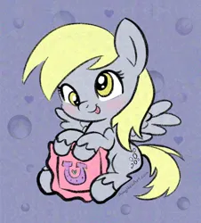 Size: 1984x2192 | Tagged: safe, artist:amynewblue, derpibooru import, derpy hooves, pegasus, pony, g4, blonde hair, blushing, cross-eyed, holiday, image, pillow, png, signature, simple background, sitting, solo, spread wings, tongue out, valentine's day, wings