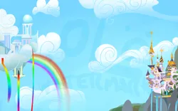 Size: 1638x1024 | Tagged: safe, artist:javkiller, derpibooru import, g4, background, canterlot, castle, city, cityscape, cloud, cloudsdale, image, jpeg, mountain, obtrusive watermark, rainbow, rainbow fall, scenery, sky, skyline, telescope, wallpaper, water, waterfall, watermark