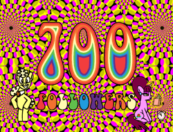 Size: 1000x760 | Tagged: safe, artist:mod wit, derpibooru import, oc, oc:bananas wit, oc:berry isthmus, unofficial characters only, 1960s, 60s, 700, abstract background, akiyoshi kitaoka, alarm clock, ascot, ascot tie, askbananaswit, beehive hairdo, bipedal, book, clock, colorful, dancing, duo, duo male and female, ear piercing, earring, eyelashes, female, follower count, followers, font, fuchsia, gif, glow, glowing horn, groovy, hairstyle, horn, image, jewelry, magenta, magic, male, milestone, modern art, needs more saturation, op art, optical illusion, piercing, ponytail, psychedelia, psychedelic, rainbow colors, reading, rotating, rotating snakes illusion, sitting, smiling, telekinesis, trippy, tumblr blog, unicorn magic, yellow