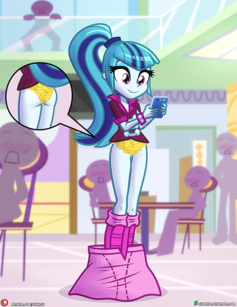 Size: 1500x1942 | Tagged: suggestive, artist:dieart77, derpibooru import, sonata dusk, equestria girls, g4, blush lines, blushing, bracelet, butt, canterlot mall, clothes, deviantart, exposed underwear, eyelashes, eyeshadow, female, food court, frilly panties, hair tie, happy, holding phone, image, indoors, jpeg, makeup, mall, mobile phone, oblivious, panties, patreon, phone, ponytail, public, rear view, shocked expression, signature, silhouette, skirt, smiling, solo, solo female, spiked wristband, standing, typing, underwear, wardrobe malfunction, wristband, yellow panties