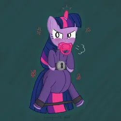 Size: 3000x3000 | Tagged: suggestive, artist:linadl, derpibooru import, twilight sparkle, pony, unicorn, g4, adult foal, angry, belt, blushing, bondage, cross-popping veins, diaper, diaper bondage, diaper fetish, diaper under clothes, emanata, female, fetish, high res, horn, horn cap, huff, image, lock, looking at you, magic suppression, mare, onesie, pacifier, png, poofy diaper, signature, solo, solo female, spreader bar, unicorn twilight, unpotty training