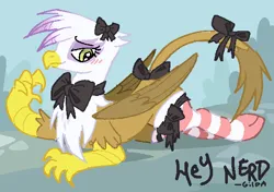 Size: 582x410 | Tagged: safe, artist:muffinz, derpibooru import, gilda, gryphon, g4, blushing, bow, bowtie, clothes, female, hair bow, image, lying down, png, prone, ribbon, socks, solo, striped socks, stupid sexy gilda, tail, tail bow