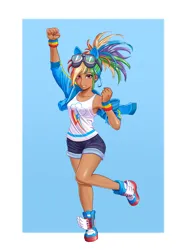 Size: 3000x4000 | Tagged: safe, artist:syedfaizart, derpibooru import, kotobukiya, rainbow dash, human, g4, blue background, clothes, cutie mark, cutie mark on clothes, female, fist, fist pump, goggles, goggles on head, grin, high res, humanized, image, kotobukiya rainbow dash, moderate dark skin, open jacket, passepartout, png, pony ears, ponytail, raised arm, raised leg, shorts, simple background, smiling, solo, square background, standing, standing on one leg, tanktop, tennis shoes, wristband