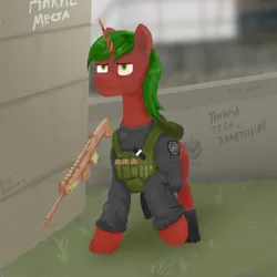 Size: 1000x1000 | Tagged: safe, artist:chgnk3r, derpibooru import, oc, oc:clockwork device, pony, unicorn, armor, clothes, detailed background, green eyes, gun, horn, image, lineless, magic, military uniform, png, uniform, weapon